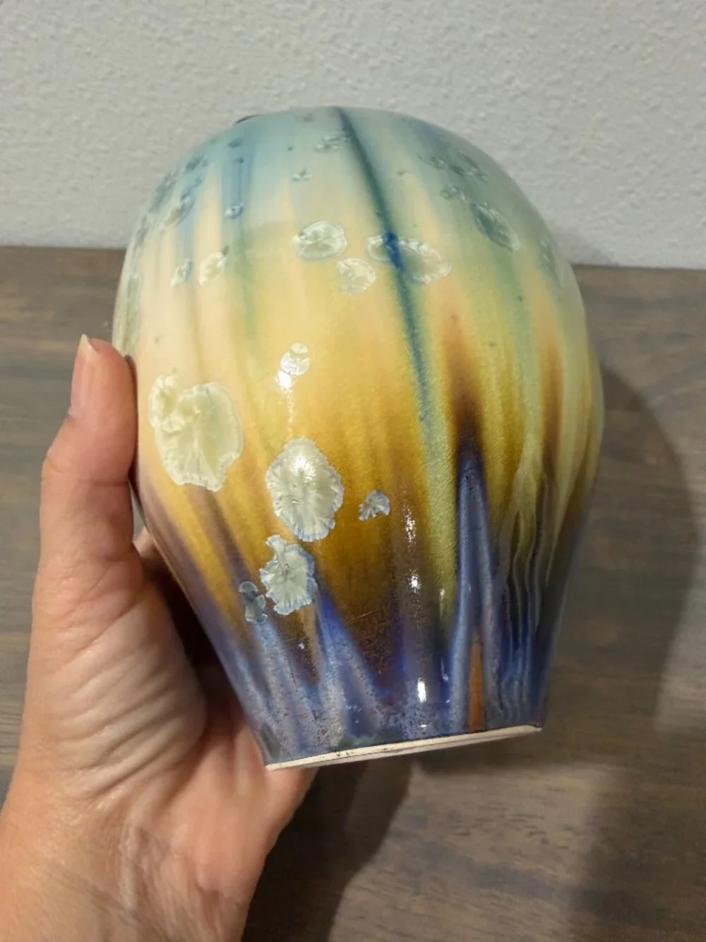 Bill Campbell Signed Crystalline Pottery Vase Fish Mouth Teal Beige Brown